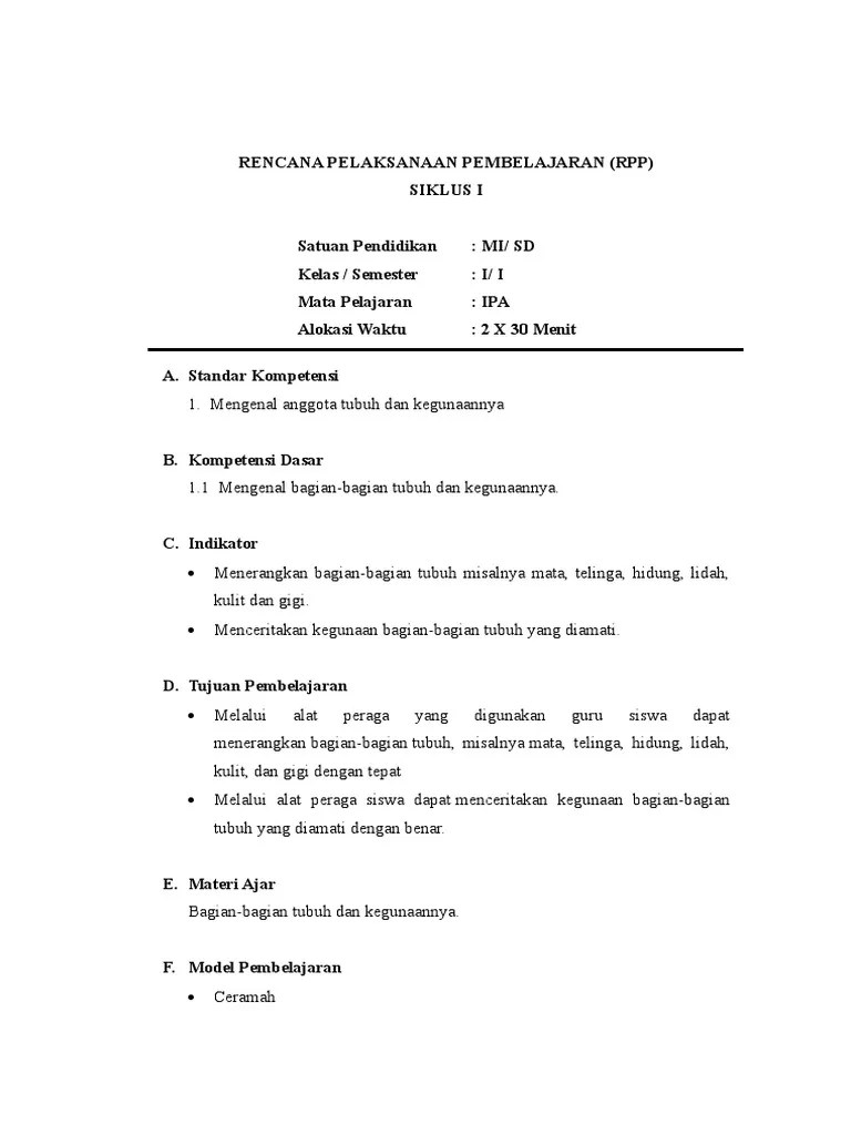 RPP Dan Soal Ipa Kelas 1 Tema Tubuhku | PDF
