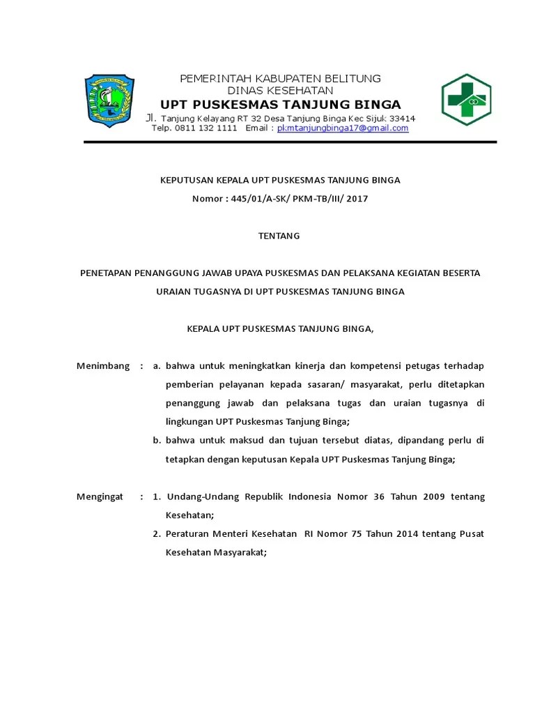 SK. Penetapan PJ &amp; Pelaksana Tugas Di UPT PKM TB Fix | PDF
