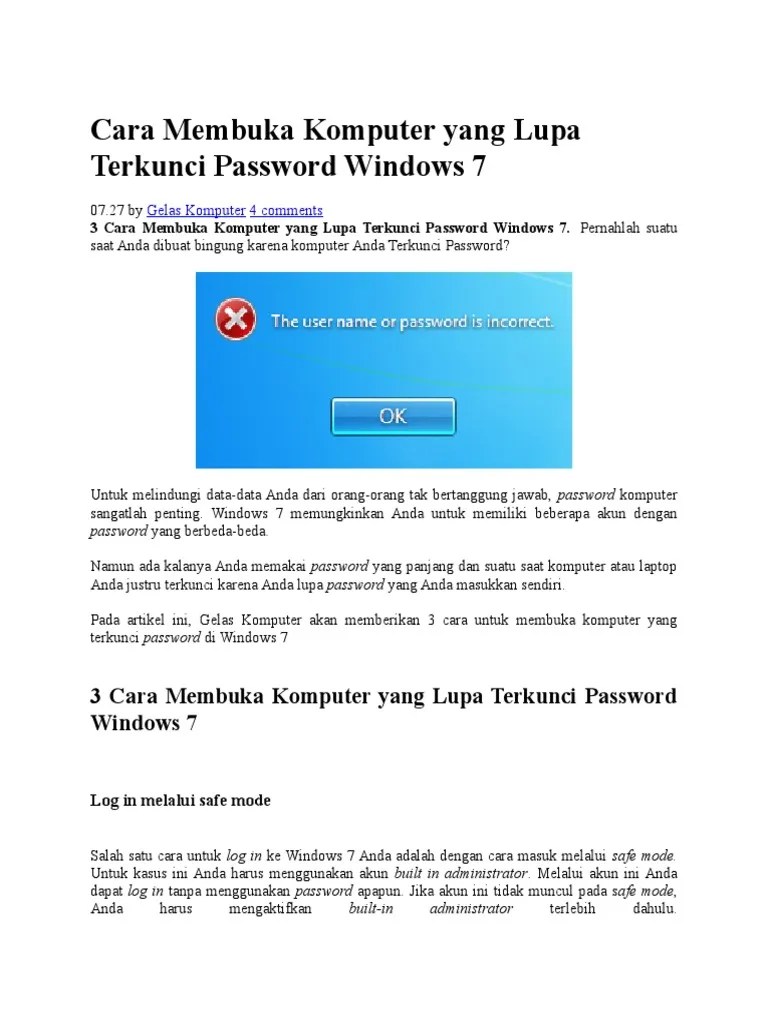 Cara Membuka Komputer Yang Lupa Terkunci Password Windows 7 | PDF