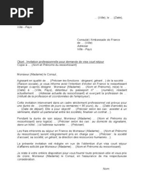 Modele Lettre D Invitation D Un Client Ou Partenaire Pour Visa Court Sejour  D Affaires | PDF | Visa (Document) | Gouvernement