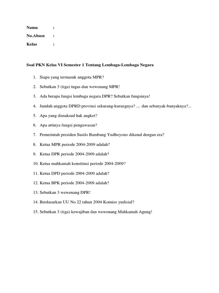 Ketik Soal PKN Kelas VI Semester 1 | PDF