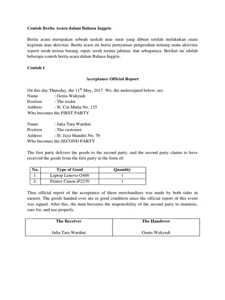 Contoh Berita Acara Dalam Bahasa Inggris 1 | PDF | Business
