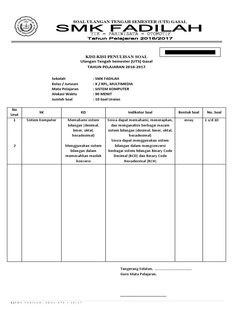 Soal Uts Kelas X Rpl Sistem Komputer Semester 1 – Beinyu.com