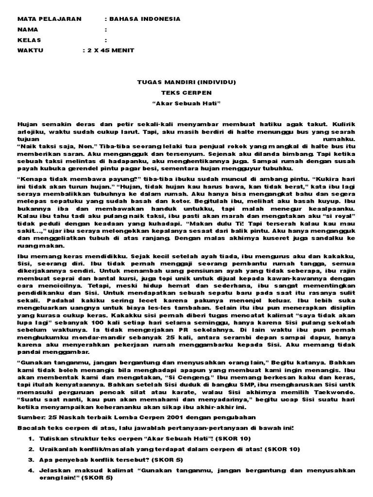 Tugas Cerpen Akar Sebuah Hati 2017 | PDF