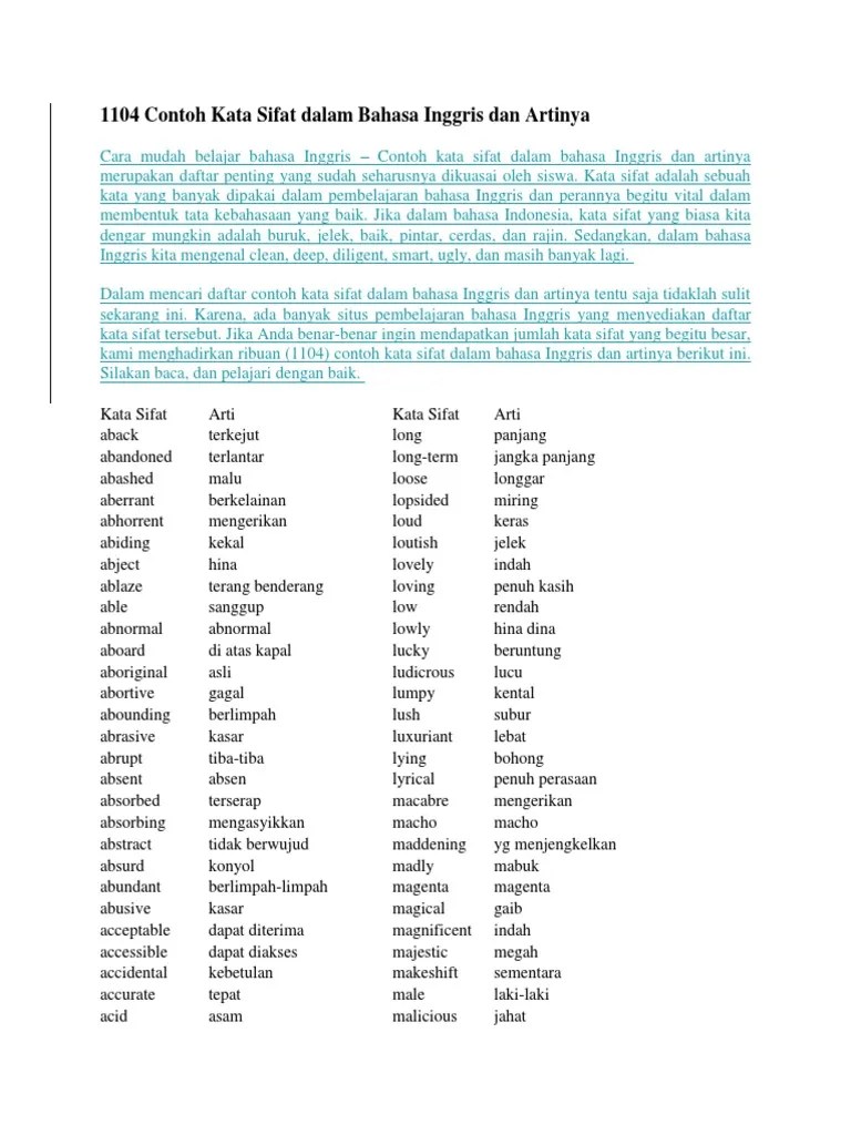 1104 Contoh Kata Sifat Dalam Bahasa Inggris Dan Artinya | PDF