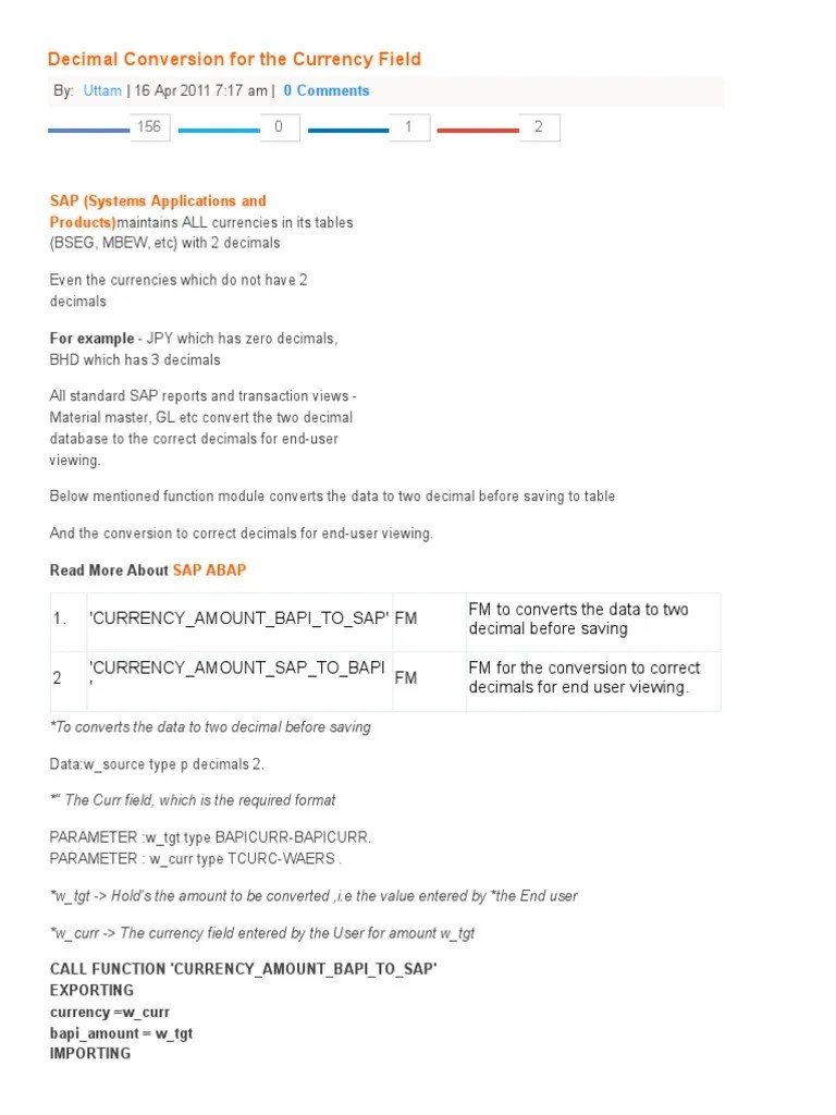 Decimal Conversion For The Currency Field - ABAP - STechies | PDF |  Computer Engineering | Computer Programming
