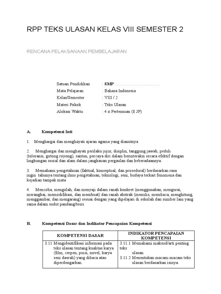 Rpp Teks Ulasan Smp Kelas 8