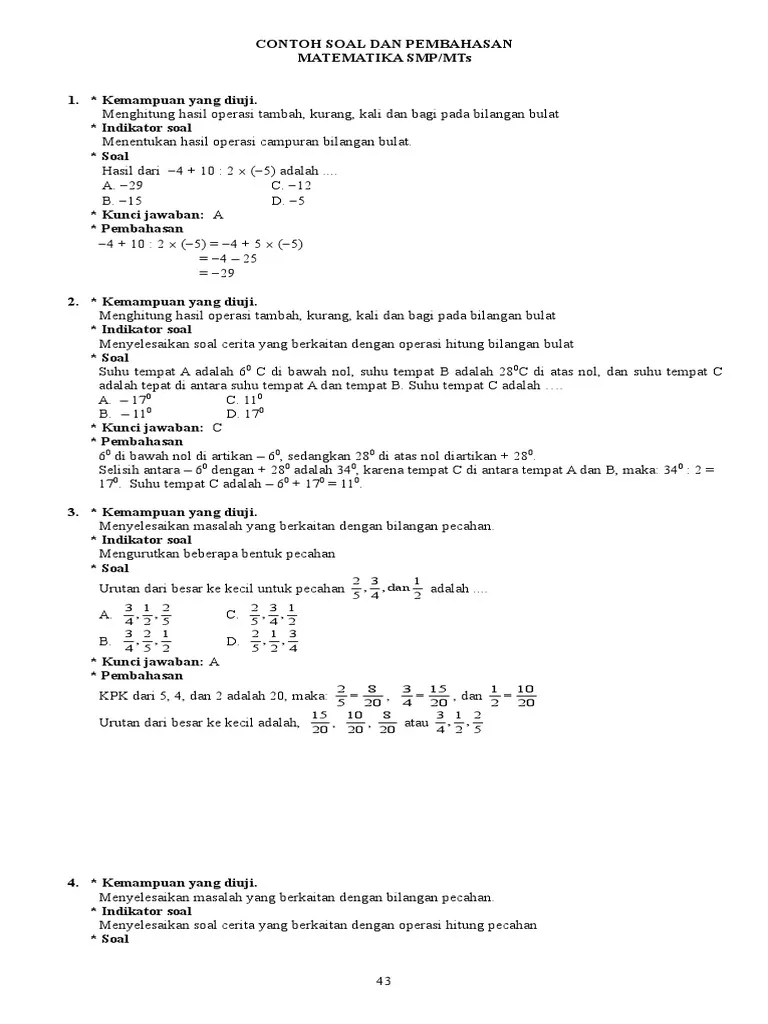 Contoh Soal Operasi Bilangan Bulat Dan Pecahan