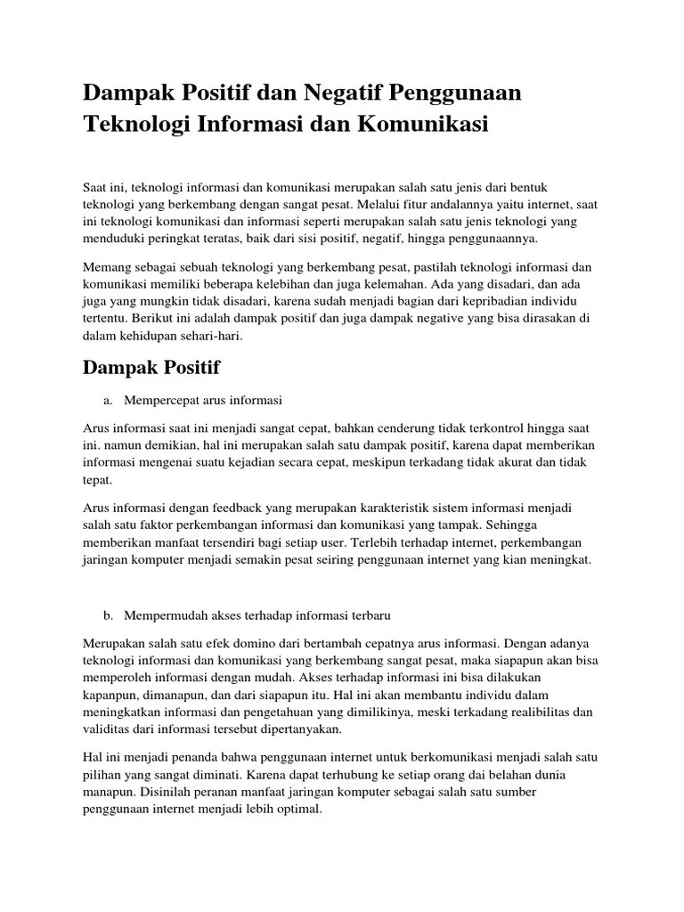 Dampak Positif Dan Negatif Penggunaan Teknologi Informasi Dan Komunikasi |  PDF