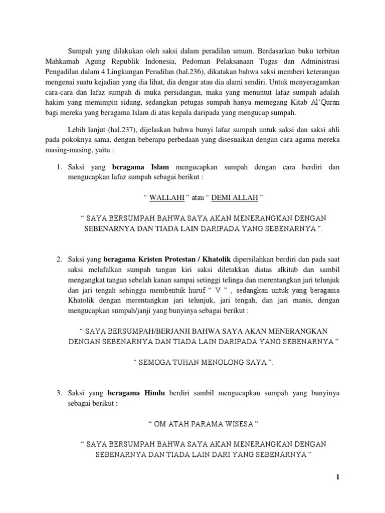 Sumpah Yang Dilakukan Oleh Saksi Dalam Peradilan Umum | PDF