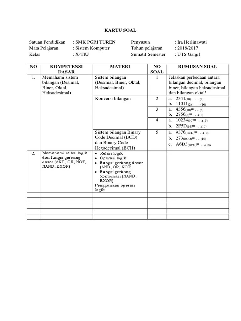 Kartu Soal Sistem Komputer X | PDF