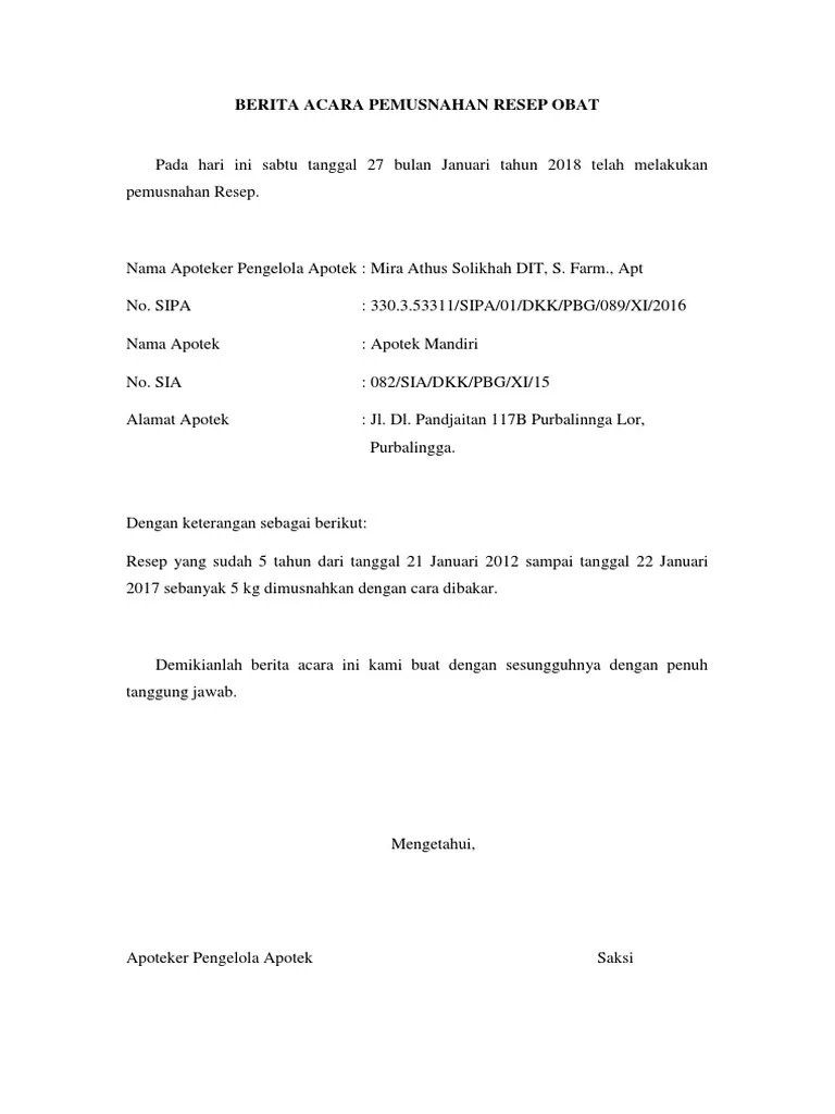 Berita Acara Pemusnahan Resep Obat | PDF