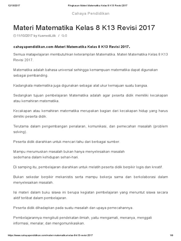 RIngkasan Materi Matematika Kelas 8 K13 Revisi 2017 | PDF