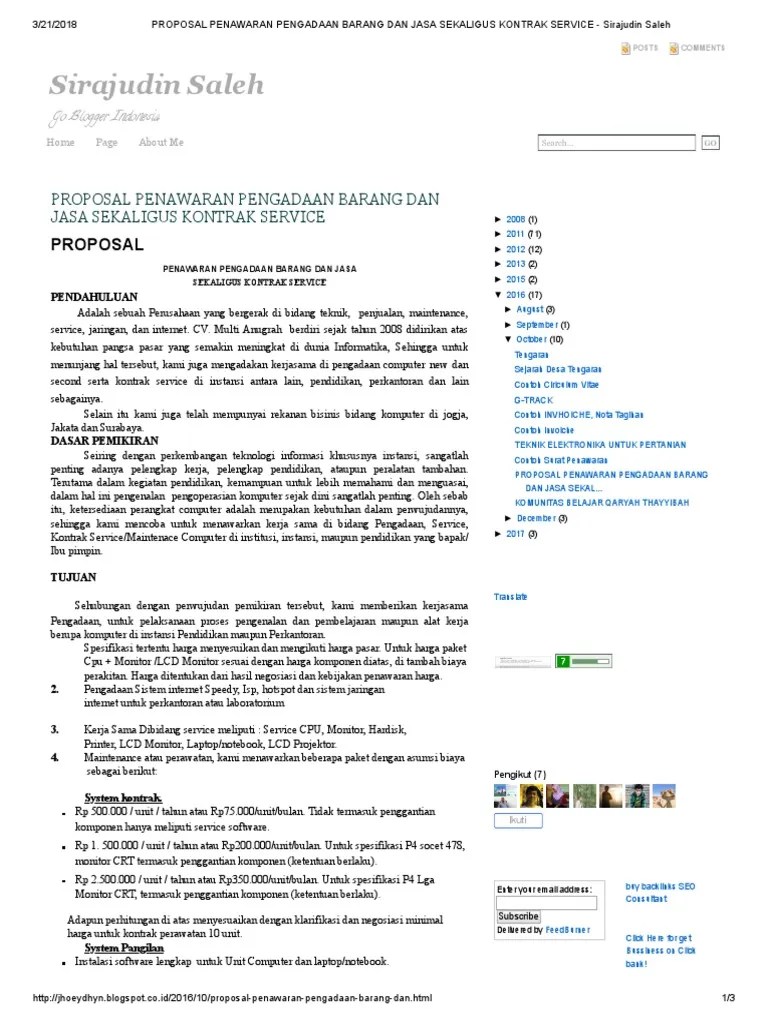 Proposal Penawaran Pengadaan Barang Dan Jasa Sekaligus Kontrak Service -  Sirajudin Saleh | PDF