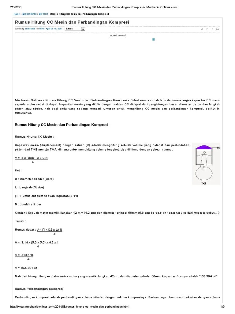 Rumus Hitung CC Mesin Dan Perbandingan Kompresi | PDF