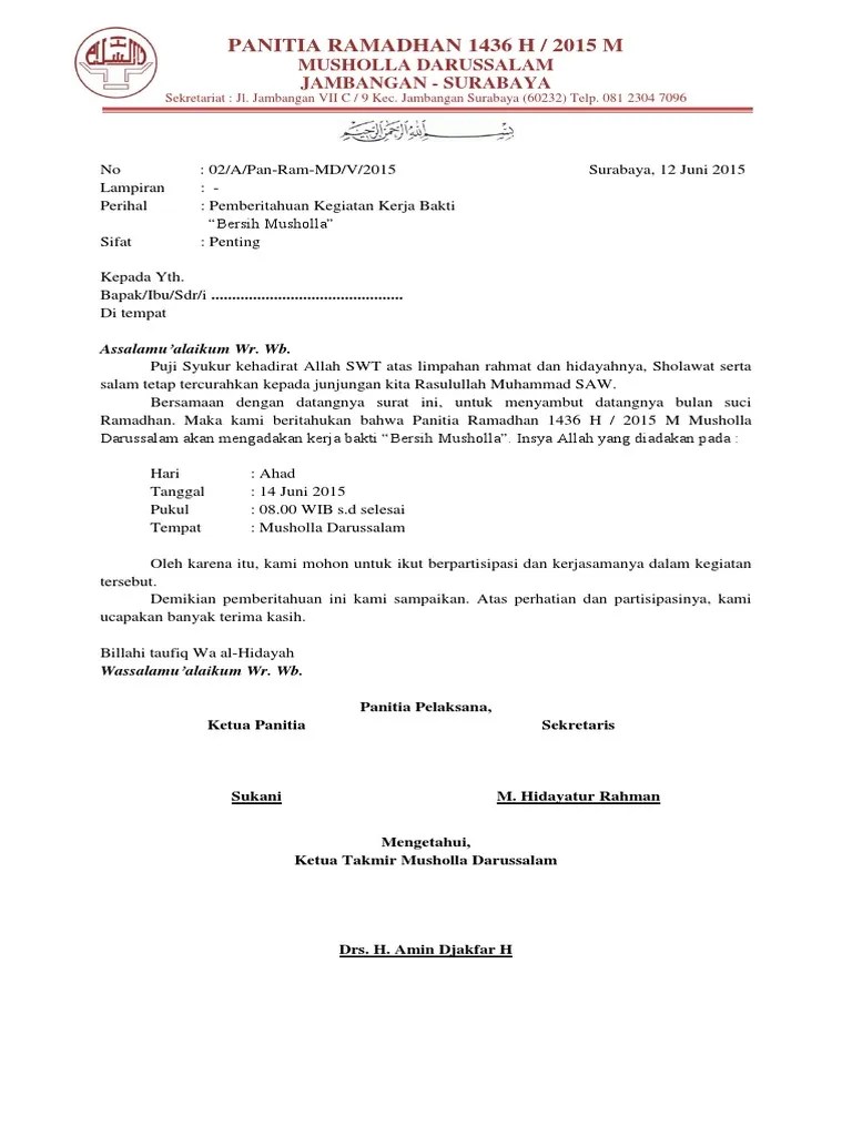 Surat Pemberitahuan Kegiatan Kerja Bakti BERSIH MUSHOLLA | PDF