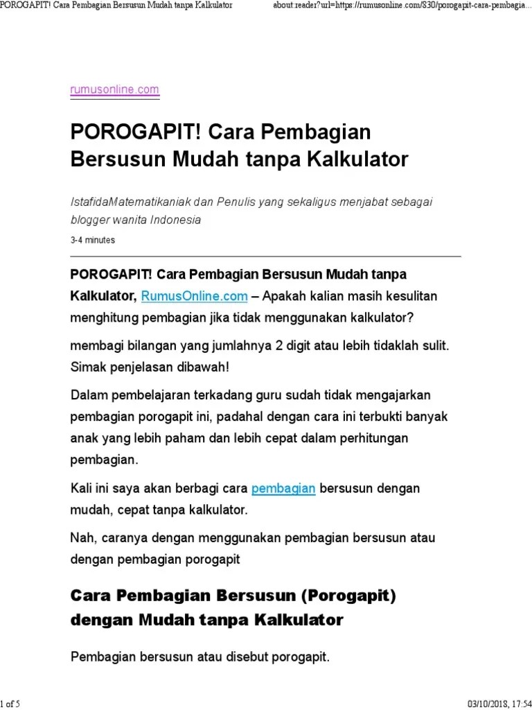 POROGAPIT! Cara Pembagian Bersusun Mudah Tanpa Kalkulator | PDF