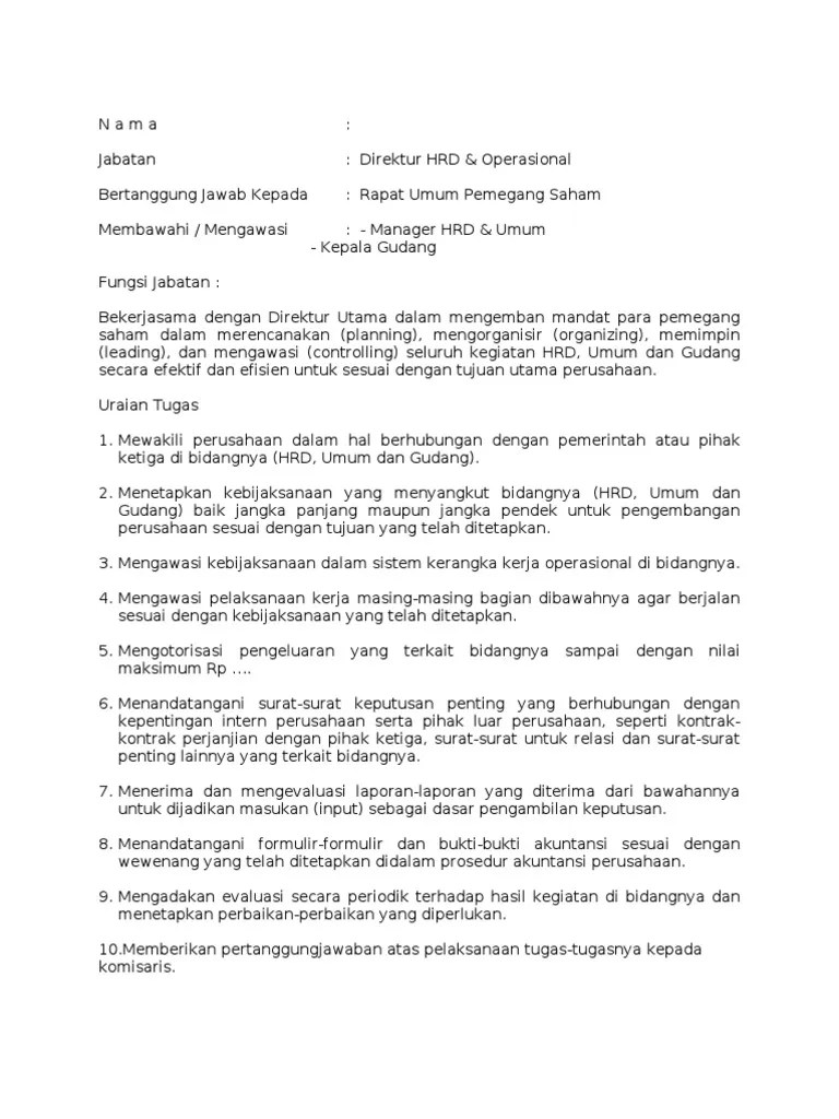Job Des Dir Operasional | PDF