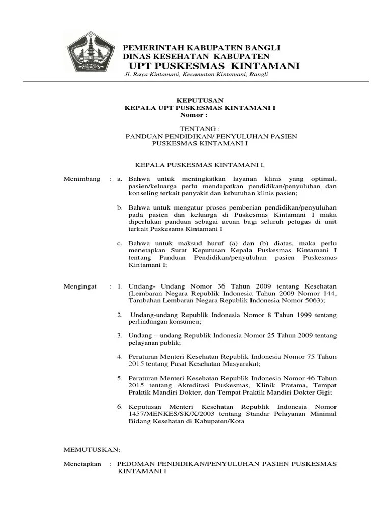 SK Panduan Pendidikan Penyuluhan Pasien Puskesmas Kintamani I | PDF