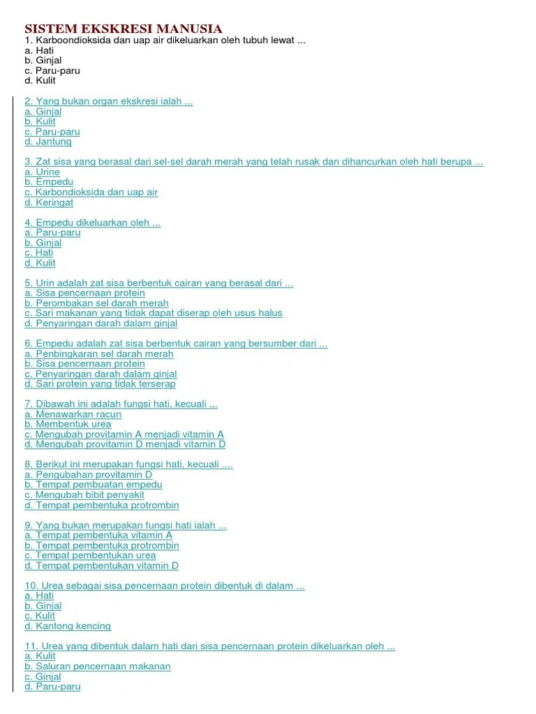 Sistem Ekskresi Manusia Soal Kelas 8 | PDF
