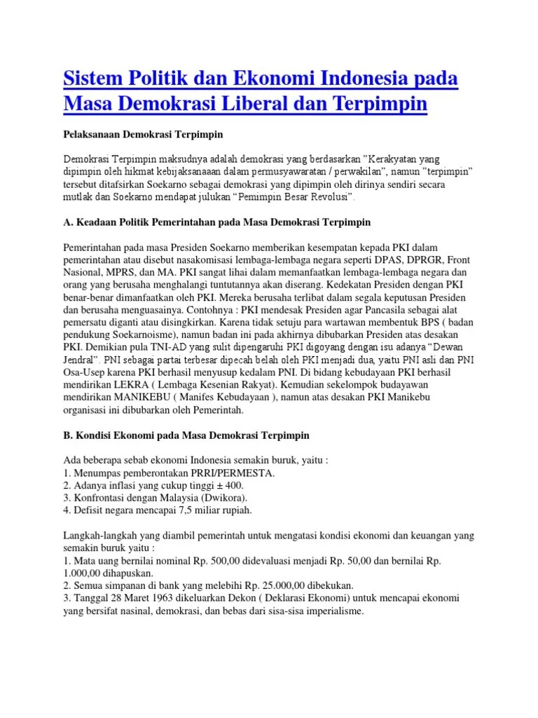 Sistem Politik Dan Ekonomi Indonesia Pada Masa Demokrasi Liberal Dan  Terpimpin | PDF