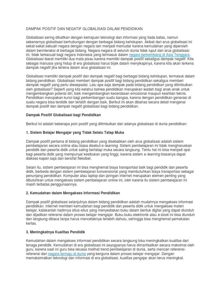 Dampak Positif Dan Negatif Globalisasi Dalam Pendidikan | PDF