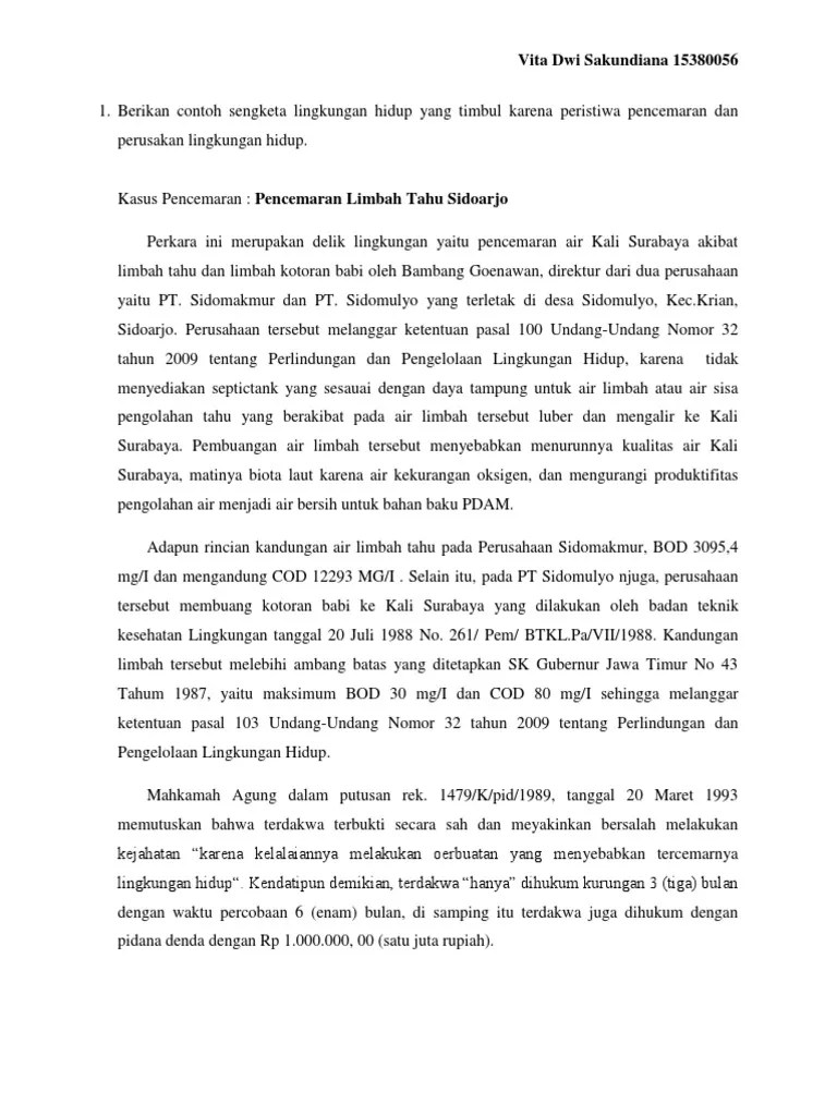 Berikan Contoh Sengketa Lingkungan Hidup Yang Timbul Karena Peristiwa  Pencemaran Dan Perusakan Lingkungan Hidup | PDF