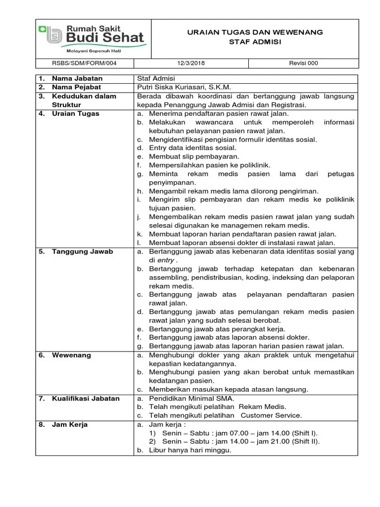 Uraian Tugas Dan Wewenang Staf Admisi | PDF