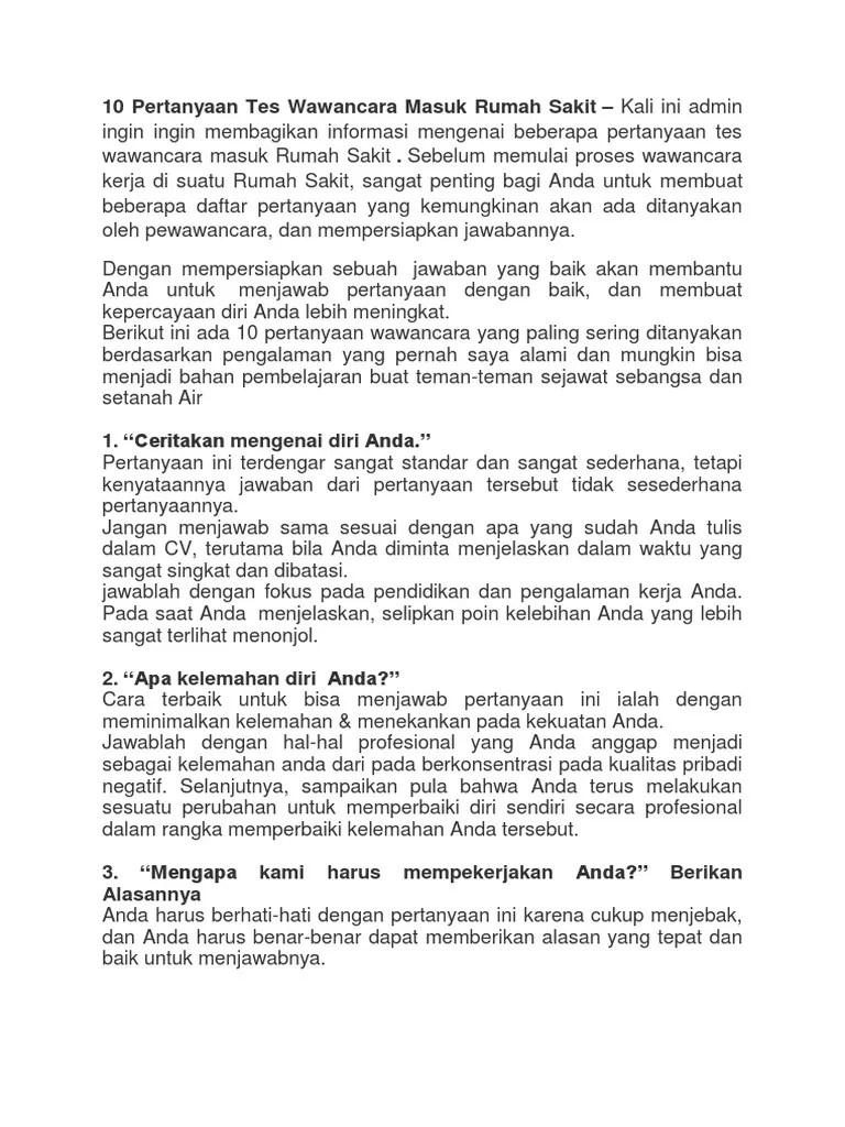 10 Pertanyaan Tes Wawancara Masuk Rumah Sakit | PDF