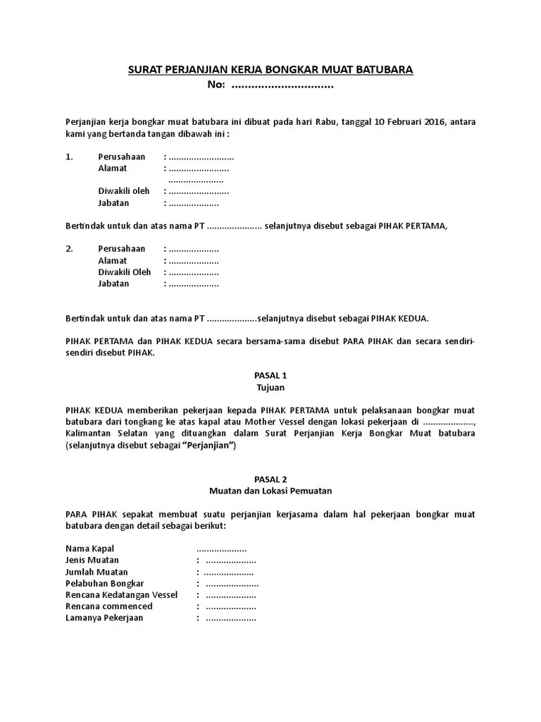 Contoh Surat Perjanjian Kerja Bongkar Muat Batubara | PDF