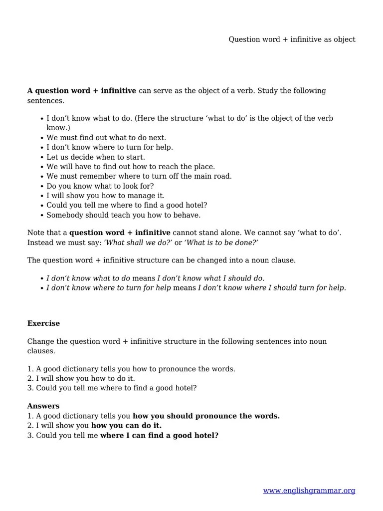 Question Word + Infinitive As Object | PDF