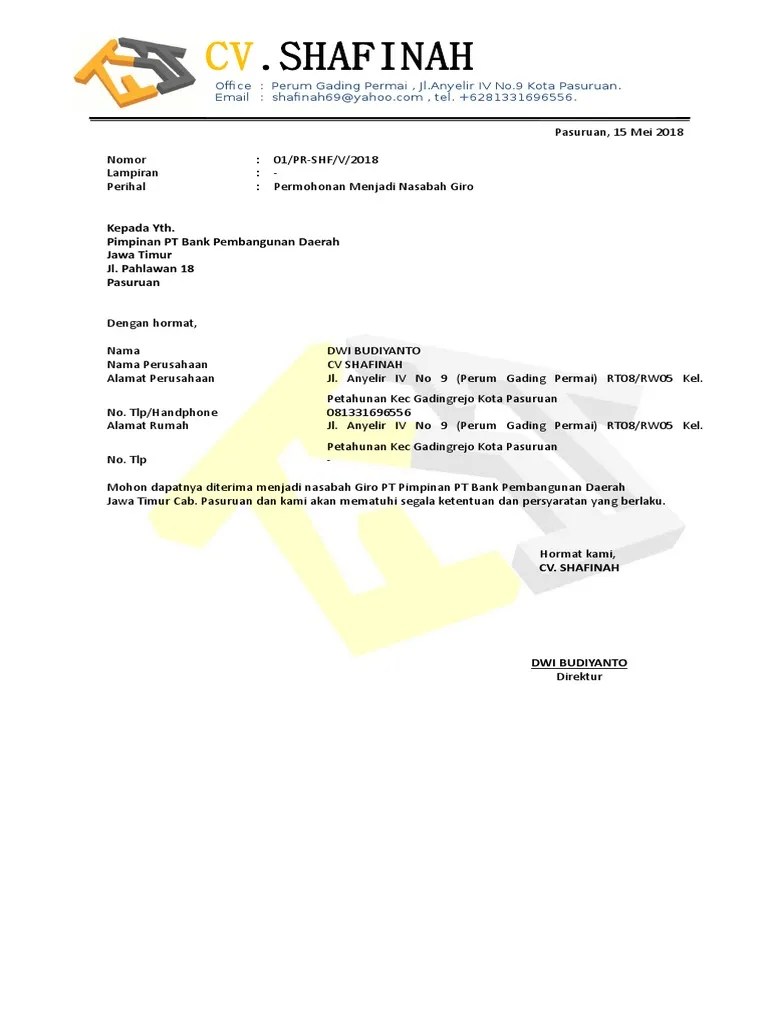 Contoh Surat Permohonan Pembukaan Rekening Giro Bank Bri