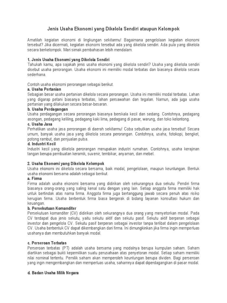 Jenis Usaha Ekonomi Yang Dikelola Sendiri Ataupun Kelompok | PDF