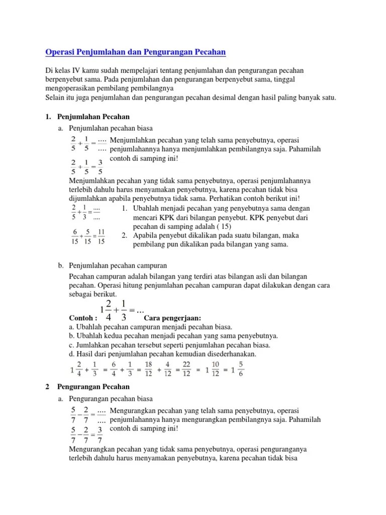 Operasi Penjumlahan Dan Pengurangan Pecahan | PDF