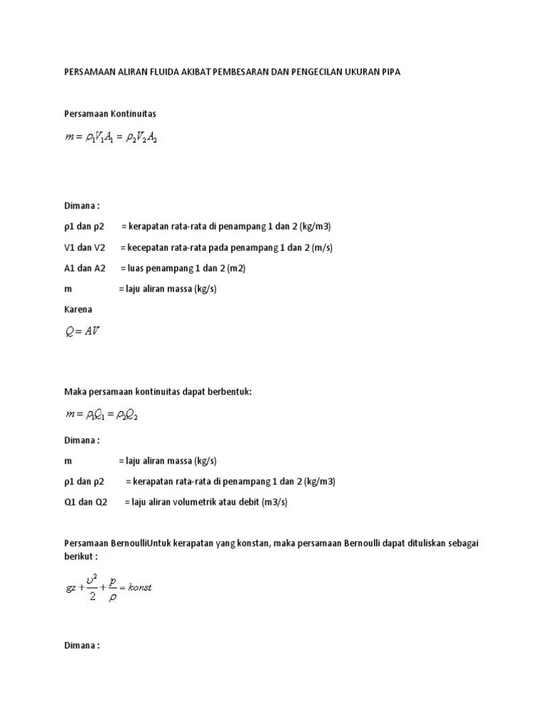 Rumus Persamaan Aliran Fluida Akibat Pembesaran Dan Pengecilan Ukuran Pipa  | PDF