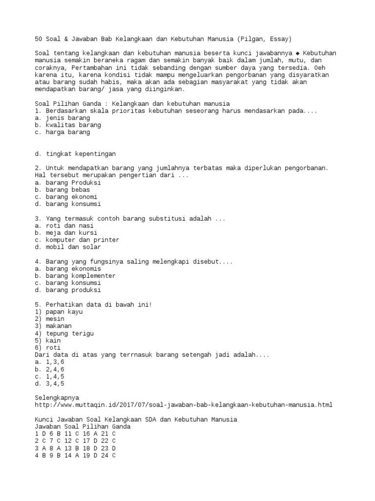 50 Soal &amp; Jawaban Bab Kelangkaan Dan Kebutuhan Manusia (Pilgan, Essay) | PDF