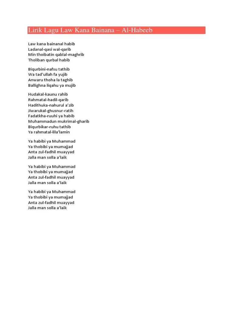 Lirik Lagu Law Kana Bainana | PDF
