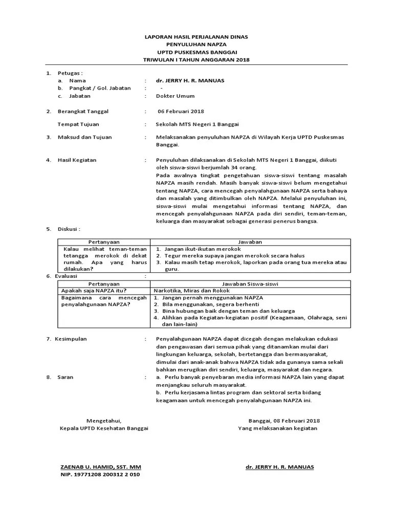 LAPORAN HASIL PERJALANAN DINAS Penyuluhan NAPZA 2018 MTS | PDF