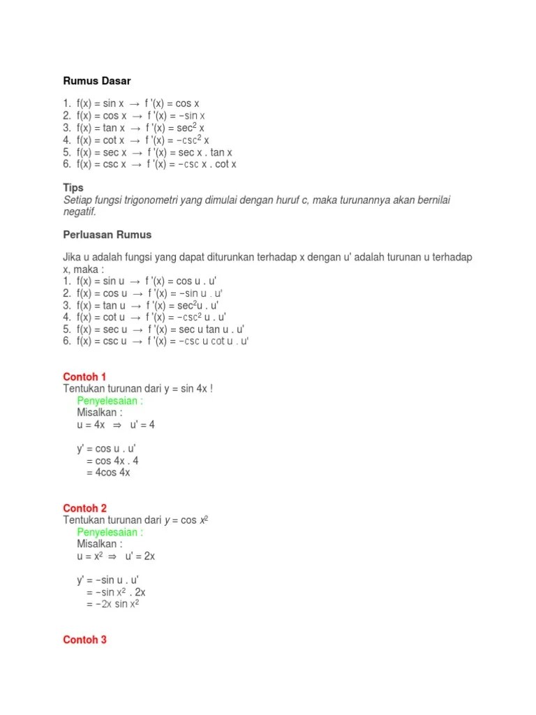 Turunan Fungsi Tigonometri, Latihan Soal Pembahsan | PDF