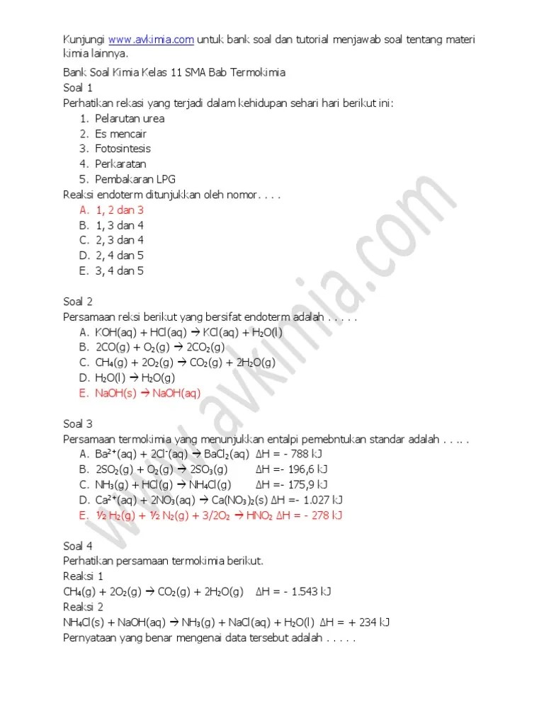 Bank Soal Kimia Kelas 11 SMA Bab Termokimia | PDF
