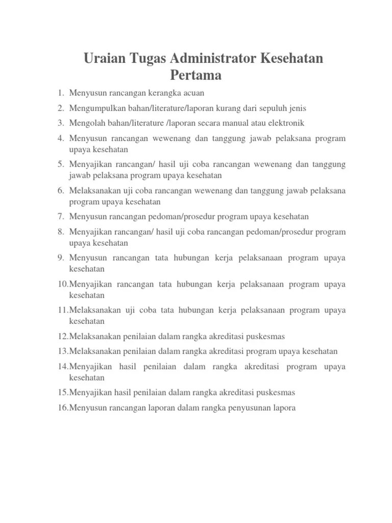 Uraian Tugas Administrator Kesehatan Pertama | PDF