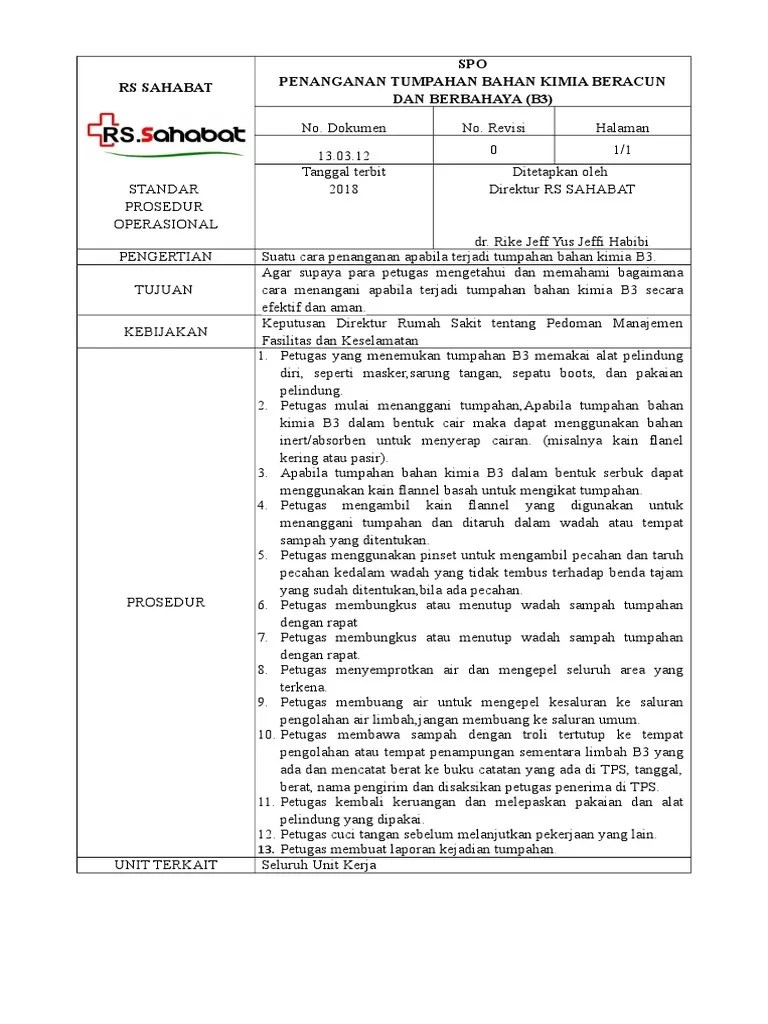 SOP Penanganan Tumpahan Bahan Kimia Dan B3 | PDF