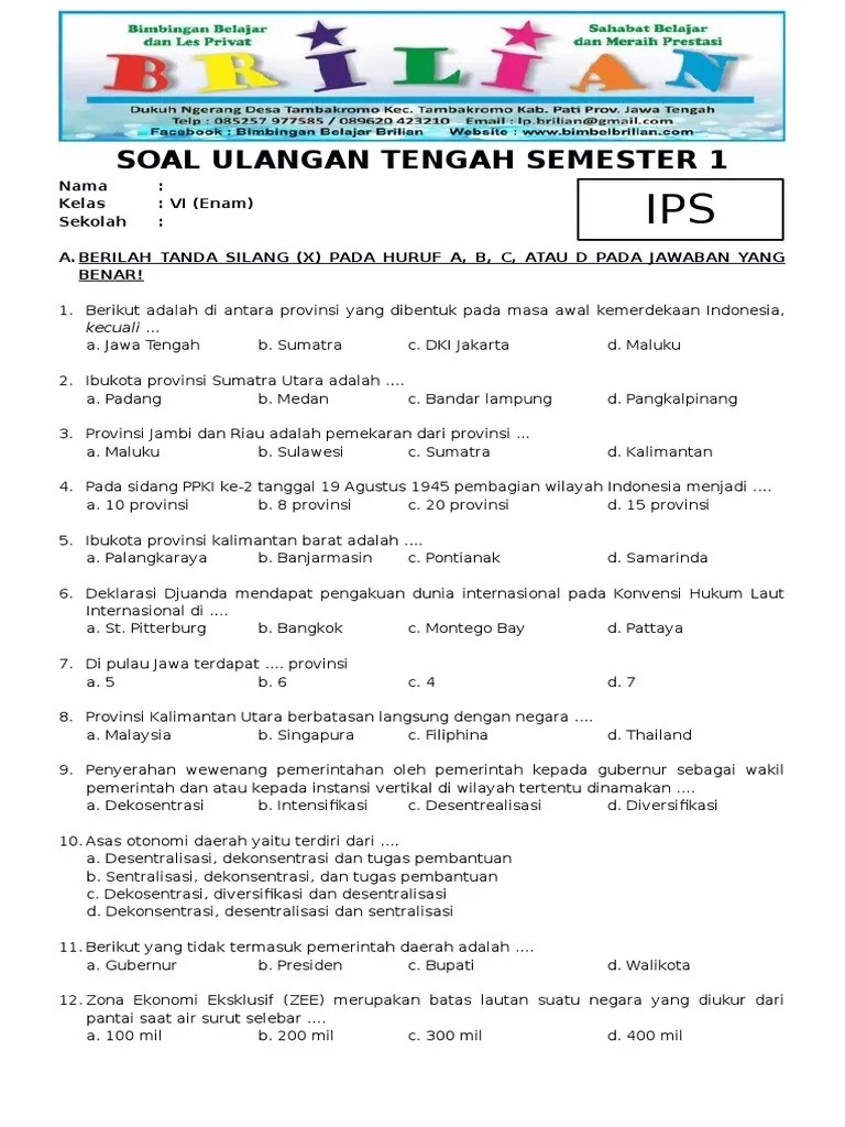 Soal UTS IPS Kelas 6 SD Semester 1 (Ganjil) Dan Kunci Jawaban | PDF