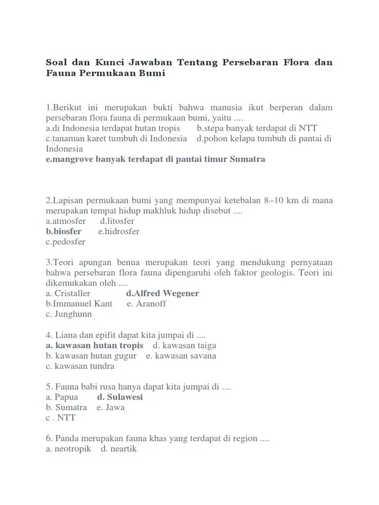 Soal Dan Kunci Jawaban Tentang Persebaran Flora Dan Fauna Permukaan Bumi |  PDF