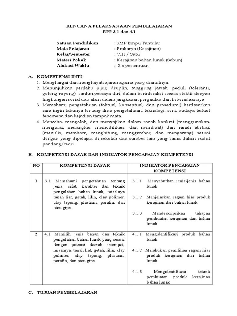 RPP Kerajinan KD 3.1 4.1 Kelas 8 | PDF