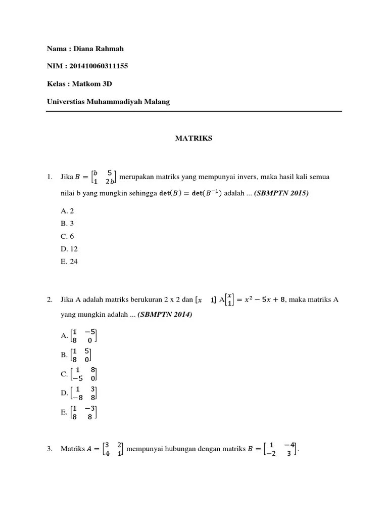 Kumpulan Soal SNMPTN SBMPTN Materi Matriks