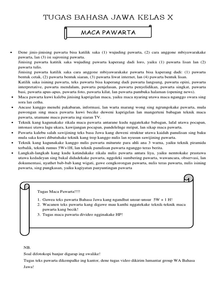Tugas Bahasa Jawa Kelas X (Sepuluh) | PDF