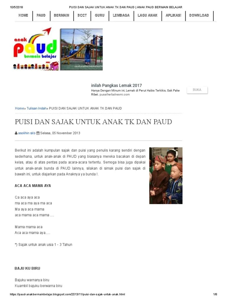 Puisi Dan Sajak Untuk Anak TK Dan Paud - Anak Paud Bermain Belajar PDF | PDF