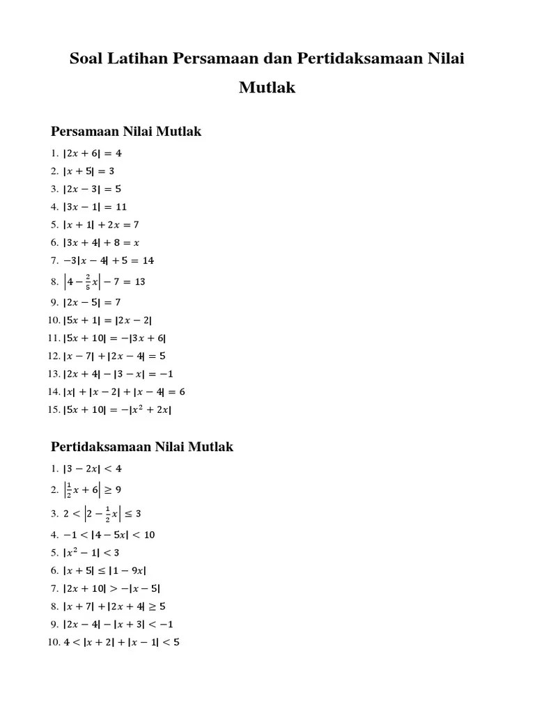 Soal Latihan Persamaan Dan Pertidaksamaan Nilai Mutlak | PDF