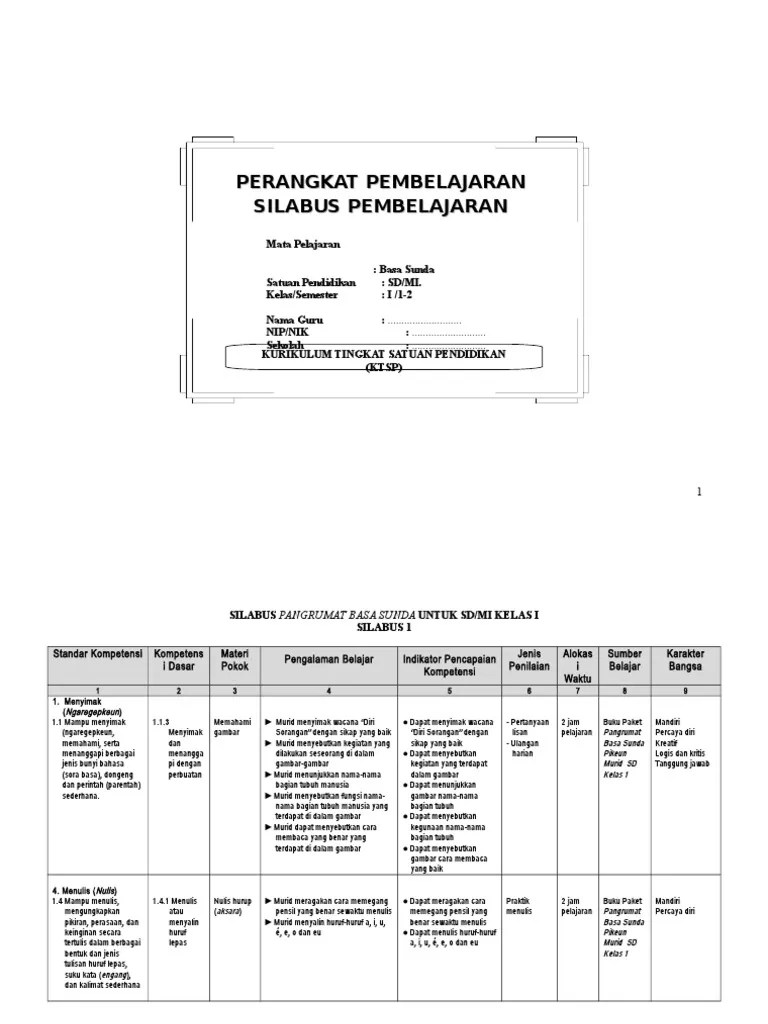 Perangkat Pembelajaran Basa Sunda Basa Sunda SD MI Kelas 1 | PDF